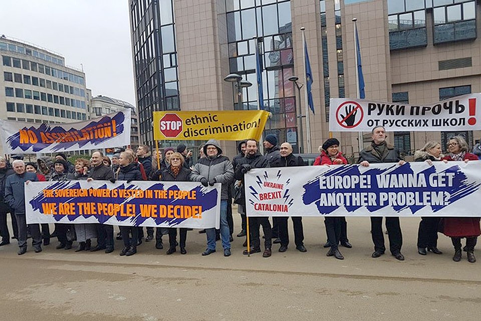 В Брюсселе прошел митинг в защиту двуязычного образования в Латвии. Фото: Татьяна Жданок/Facebook