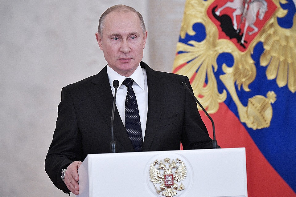 Президент РФ Владимир Путин на встрече с военнослужащими Вооруженных сил РФ, принимавшими участие в антитеррористической операции в Сирии. ФОТО Алексей Никольский/пресс-служба президента РФ/ТАСС