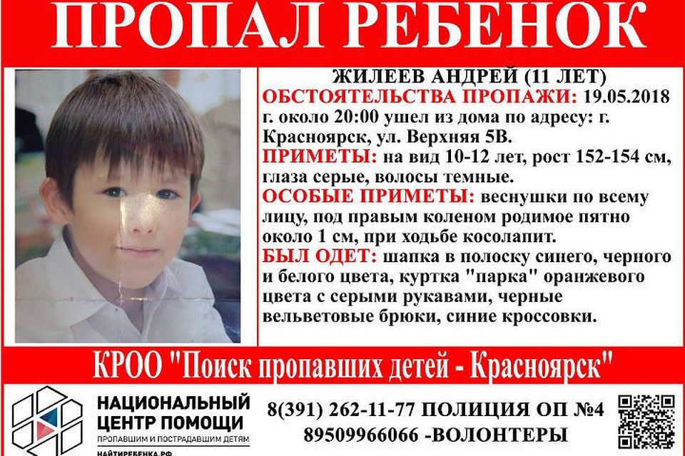 В Красноярске 11-летний мальчик ушел из дома и не вернулся. Фото: Поиск пропавших детей - Красноярск.