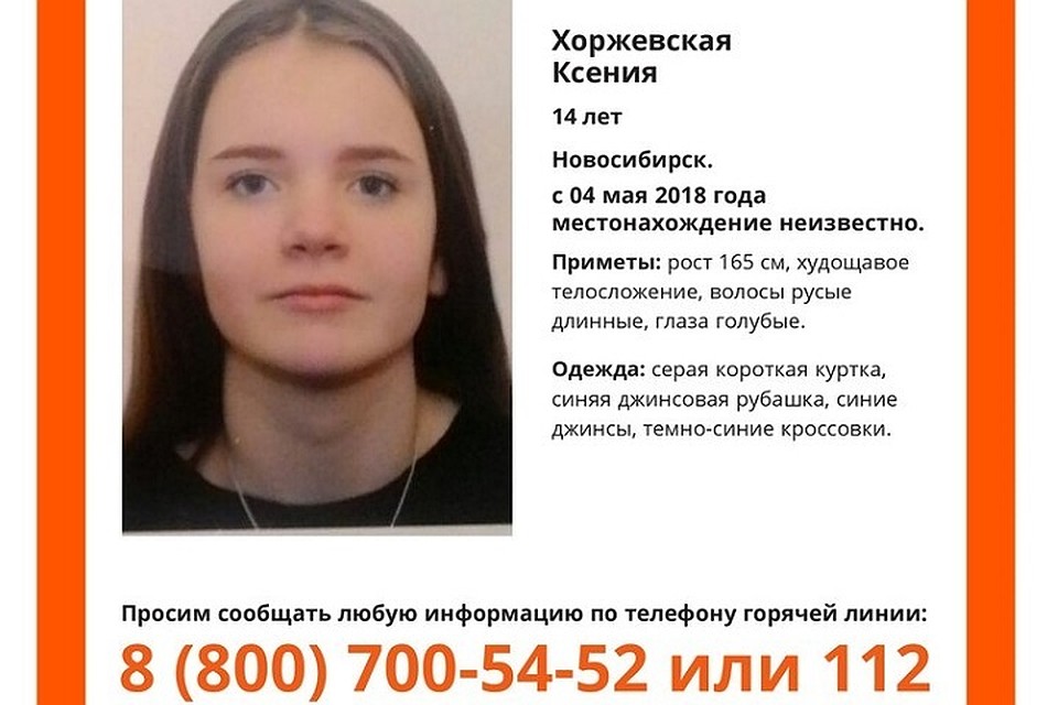 Девочка худощавого телосложения. У нее голубые глаза и длинные русые волосы. Фото: "Поисковый отряд "Лиза Алерт" Новосибирск"