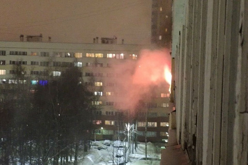 Пламя вырывается из квартиры на аллее Поликарпова в Приморском районе Петербурга