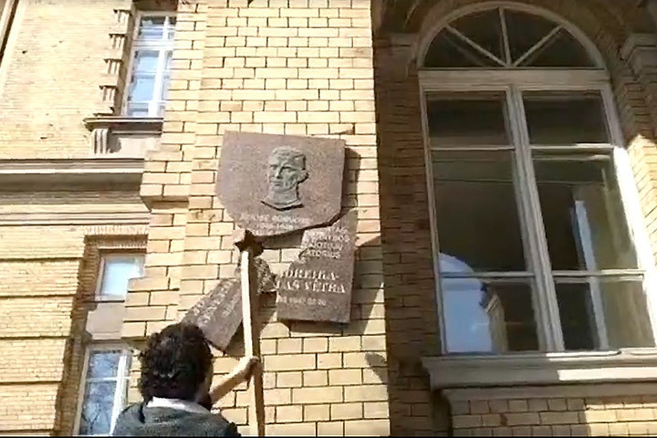 Кандидат в Европарламент Станисловас Томас разбил памятную доску Йонаса Норейки. Фото: скриншот