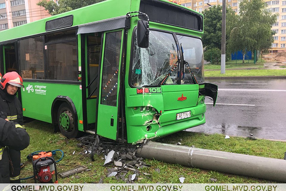 Водителю стало плохо - автобус врезался в столб.Фото: ГАИ УВД Гомельского облисполкома.