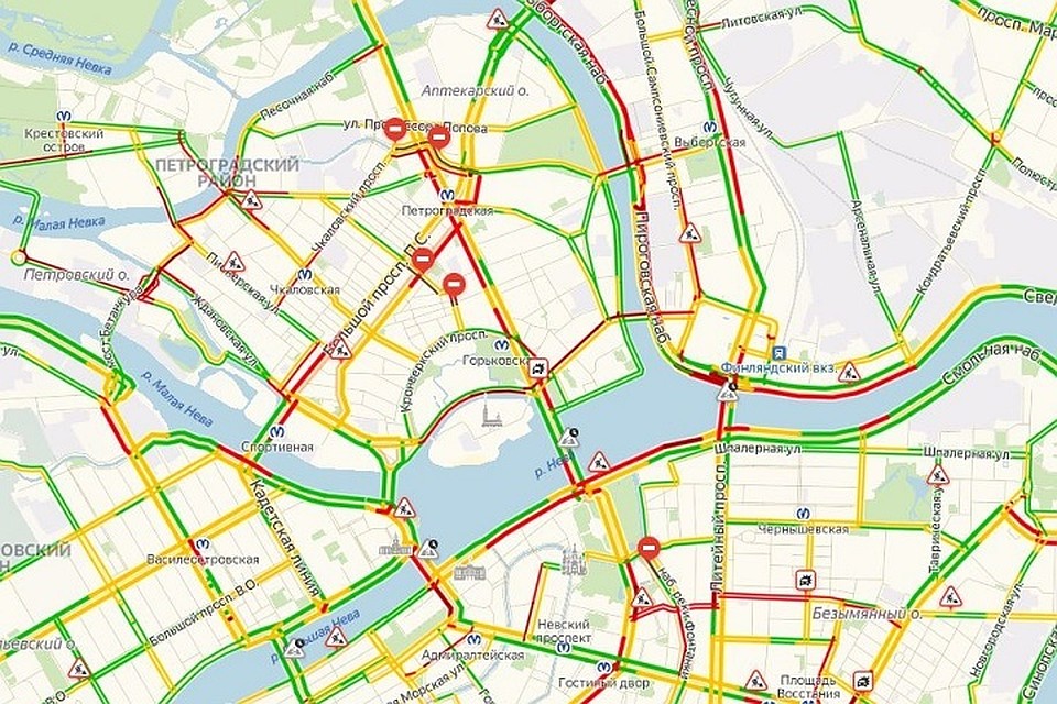Дорожная ситуация в Петербурге утрм 4 октября была напряженной. Фото: Яндекс.Карты