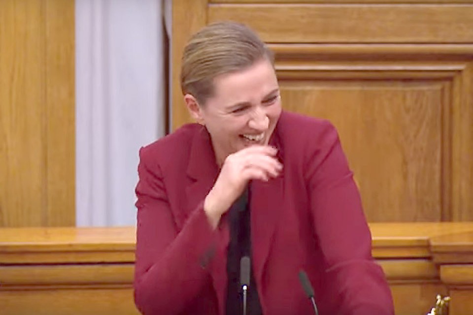 Глава правительства Дании не смогла удержаться от смеха во время доклада. Фото: кадр Youtube