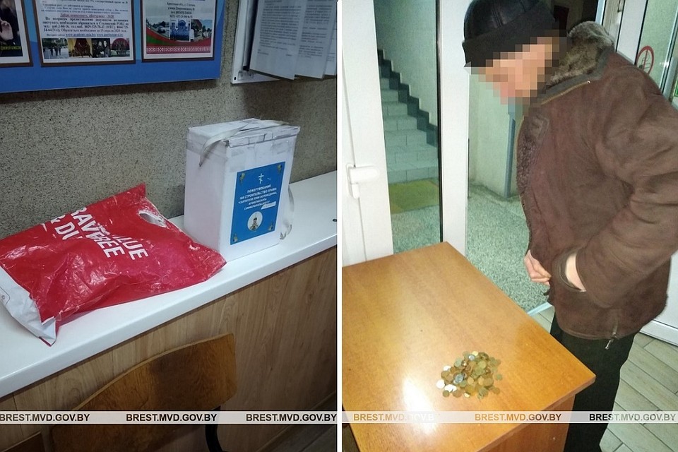 Житель Столинщины не первый раз попался на краже ящиков для пожертвований. Фото: УВД Брестского облисполкома.