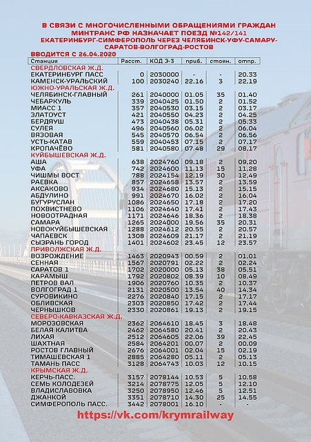Возможное расписание поезда Екатеринбург - Симферополь. Фото: https://vk.com/krymrailway