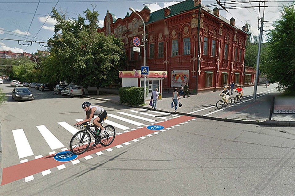 Перекресток ул. Рабоче-Крестьянская и ул. Академическая с велодорожкой в Ворошиловском районе.