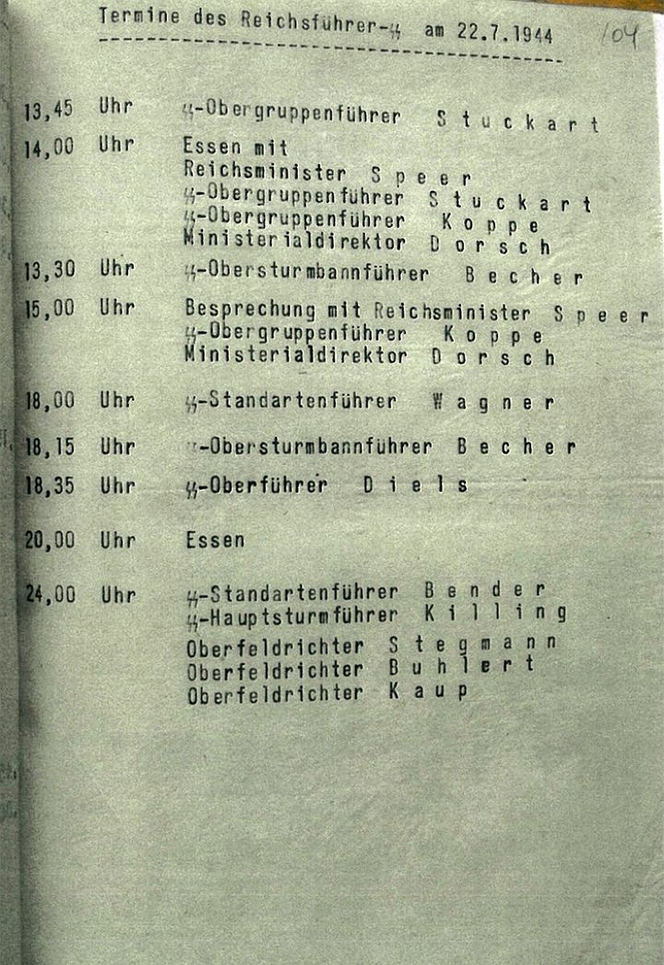 Страница дневника за 20 июля 1944 года. В этот день произошло покушение на Гитлера