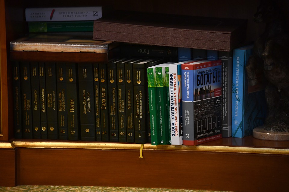 На книжных полках - только бестселлеры деловой литературы. К примеру, «7 навыков высокоэффективных людей» и «Почему одни страны богатые, а другие бедные». Фото: Евгения ГУСЕВА