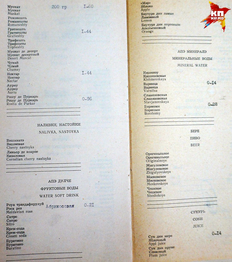 Меню ресторана "Ла Извор" от 20 мая 1985 г.