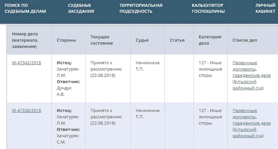 Еще 22 августа мать покойного Михаила Хачатуряна подала в Бутырский районный суд жилищный иск.