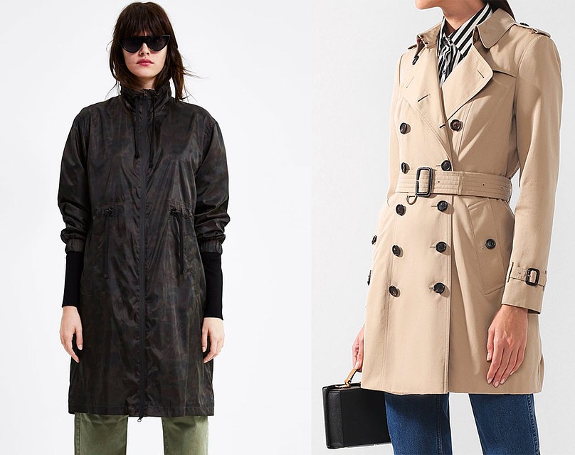 Парка с камуфляжным принтом Zara и двубортный тренч с поясом BURBERRY.