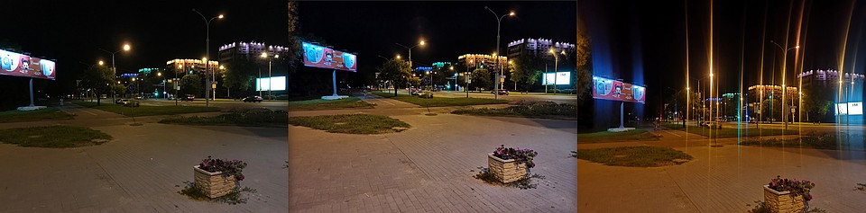 Ночная съемка. Слева фото снято iPhone7, посередине HONOR 20, справа Huawei P20 Pro. Особенно удивили блики справа. Фото: Сергей МАЛИНОВСКИЙ