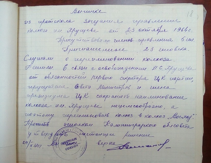Уже через восемь дней после отставки в колхозе имени Хрущева Гурьевского района решили срочно сменить вывеску. Фото: Архив автора
