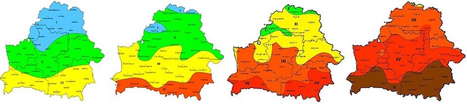 В Беларуси было 3 агроклиматические зоны: I – Северная, II – Центральная, III – Южная. За последние 20 лет потепления появилась еще одна - IV – Новая. Судя по этим четырем схемам, теплый климат наступает!
