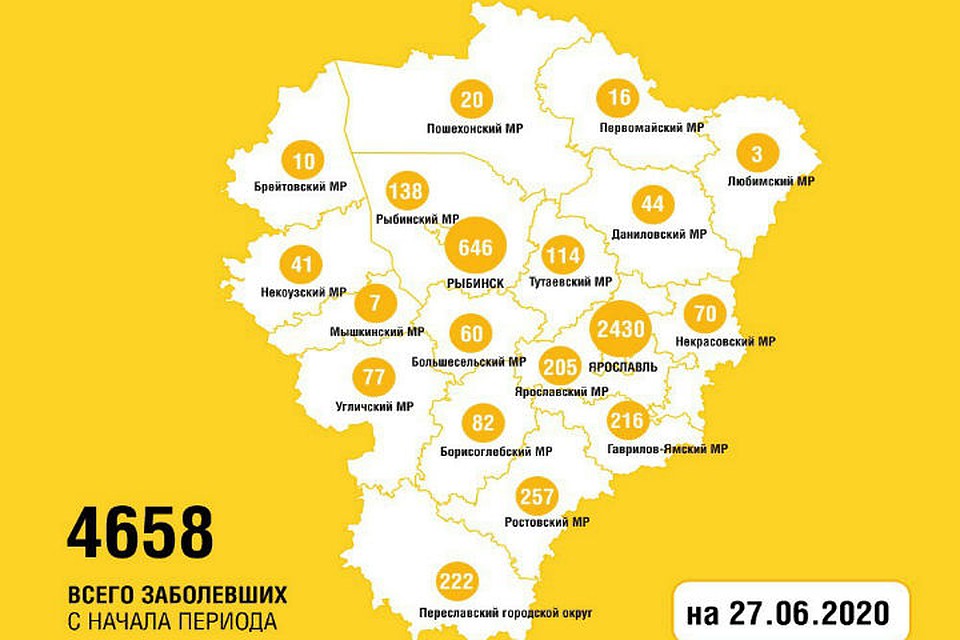 Карта заражений на 27 июня по районам, заболевших 4658 Фото: Правительство Ярославской области