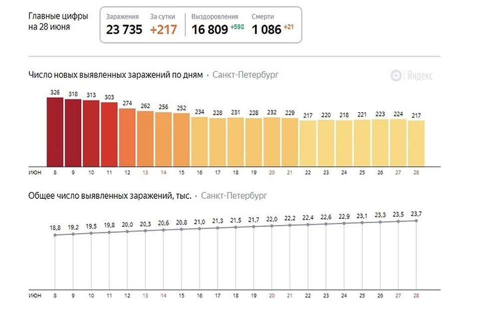 Последние данные по коронавирусу в Санкт-Петербурге на 28 июня 2020 года. Фото: Яндекс