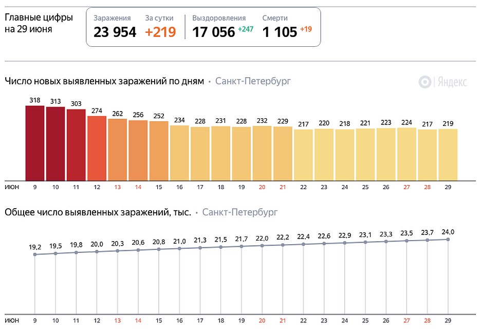 Последние данные по коронавирусу в Санкт-Петербурге на 29 июня 2020 года / Фото: Яндекс
