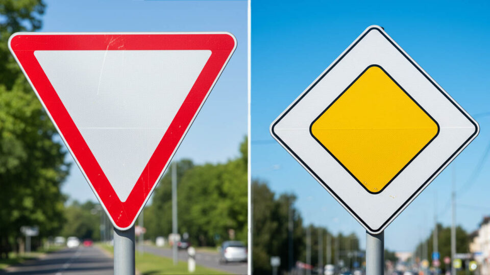 Знаки 2.4 “Уступи дорогу” (слева), 2.1 “Главная дорога”. Фото: Ян Ляпин / Нейросеть