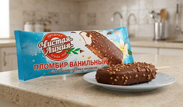 Эскимо пломбир с ароматом ванили в шоколадной глазури с арахисом «Чистая линия»