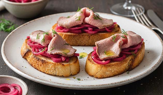 Брускетты с говядиной и маринованным луком