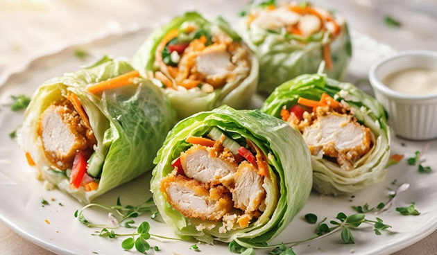 Роллы в листьях айсберга с курицей и овощами