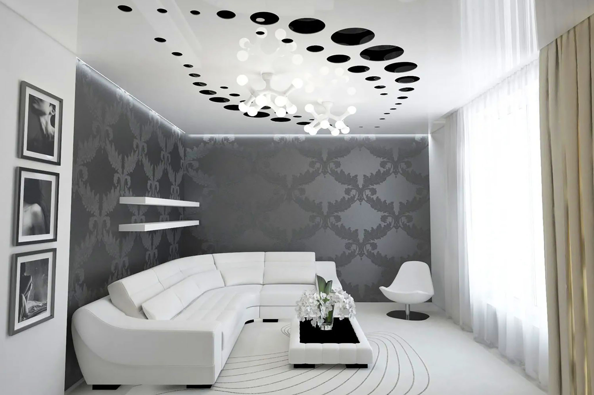 резные натяжные потолки. глянцевый натяжной потолок с фотопечатью. натяжной потолок черный с белым. черно белый натяжной потолок. натяжной потолок черный с белым.