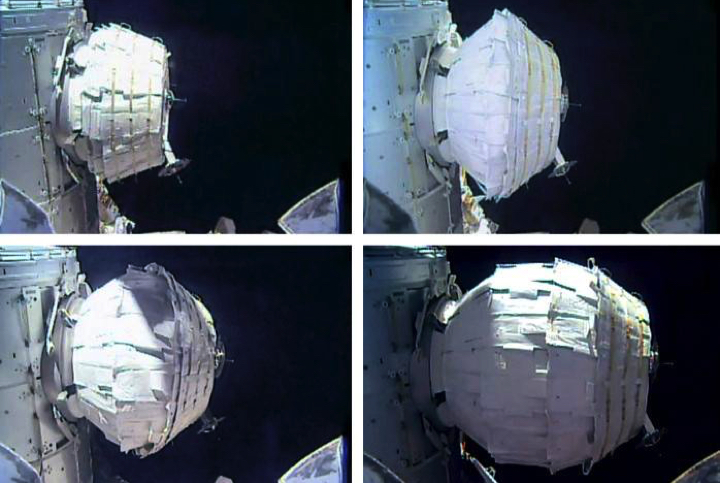 Надувной модуль - альтернативная идея для космического отеля. На снимках: раздувается в космосе.