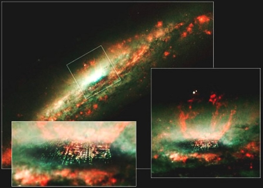 Город, вмонтированный в снимок галактики NGC3079.