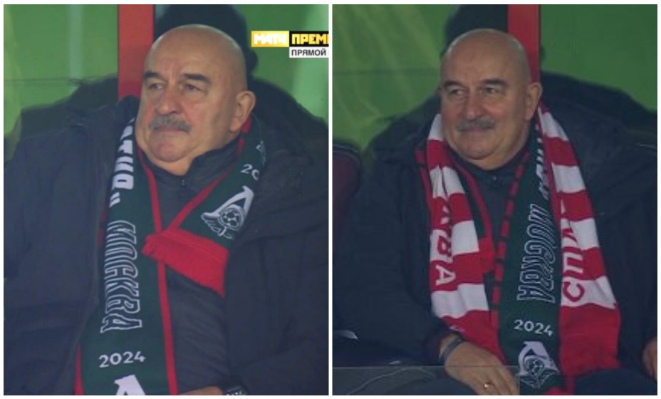 Stanislav Cherchesov watched the match with different scarves, which he put on one by one.  Photo: Screenshot from Match TV broadcast