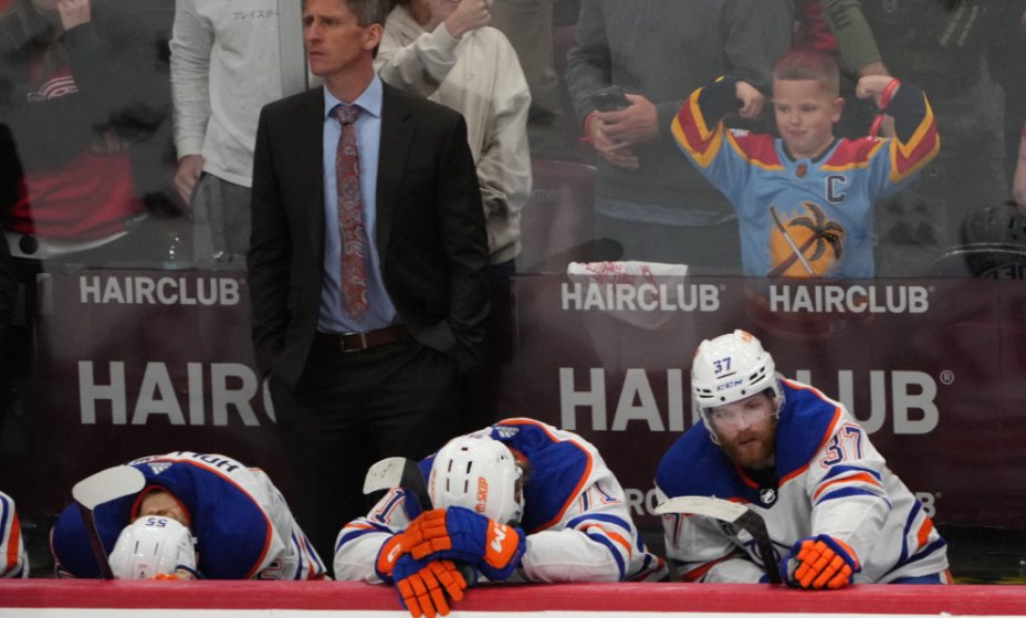 Jun 24, 2024; Sunrise, Florida, USA; Edmonton Oilers react to the loss against the Florida Panthers in game seven of the 2024 Stanley Cup Final at Amerant Bank Arena. Mandatory Credit: Jim Rassol-USA TODAY Sports